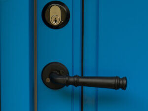 Aftermarket black handle and lock cover for RAL 5015 Sky Blue Unik Funkis Entrance door