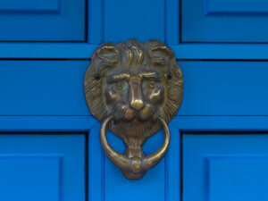 Aftermarket door knocker installed on RAL 5015 Unik Funkis Door